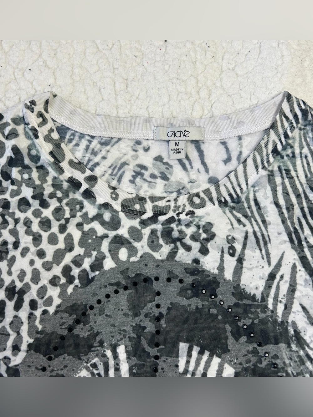 Cache Burn Out Tee Top Women's M Stretch White Black Peace Sign Animal Print - Picture 5 of 7